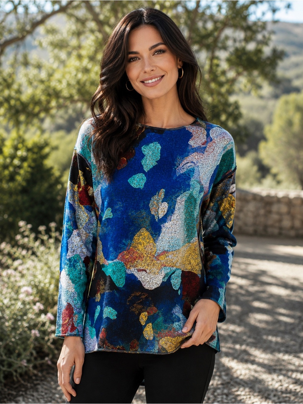 NWOT Trisha Tyler - Hi/Low All Print Multi Color Tunic sweater Top Sz L